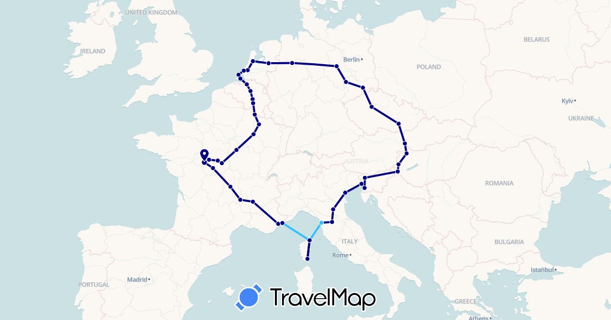 TravelMap itinerary: driving, boat in Belgium, Czech Republic, Germany, France, Hungary, Italy, Netherlands, Slovenia, Slovakia (Europe)